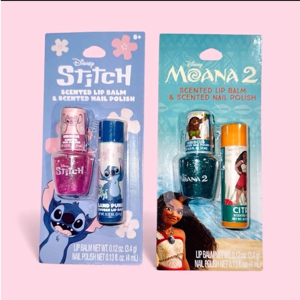 Disney Stitch and Moana 2 Scented Lip Balm and Nail Polish Sets 2-Pack NIP